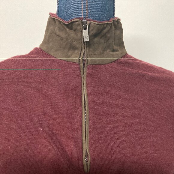Men's Massimo Dutti Cotton/Cashmere Blend Burgundy Sweater w/Leather, Small - Picture 3 of 5